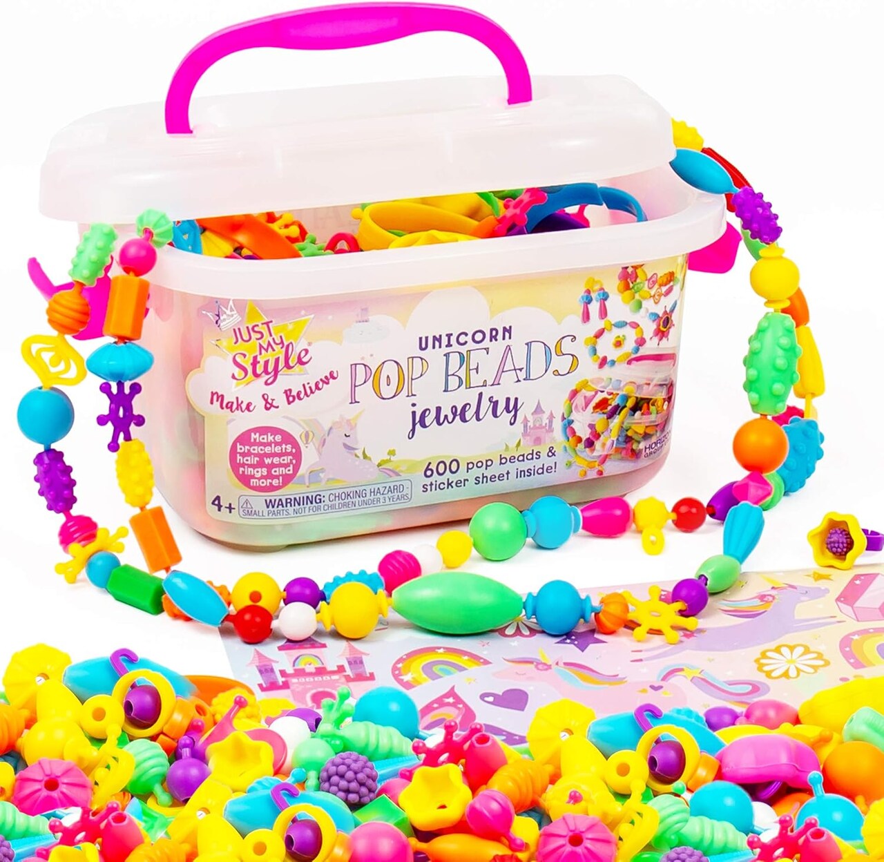 Make & Believe Unicorn Pop Beads Kit – 500+ Snap-Together Beads for DIY Rings, Necklaces & Bracelets | Jewelry Set & Travel Activity for Kids Ages 4–8
